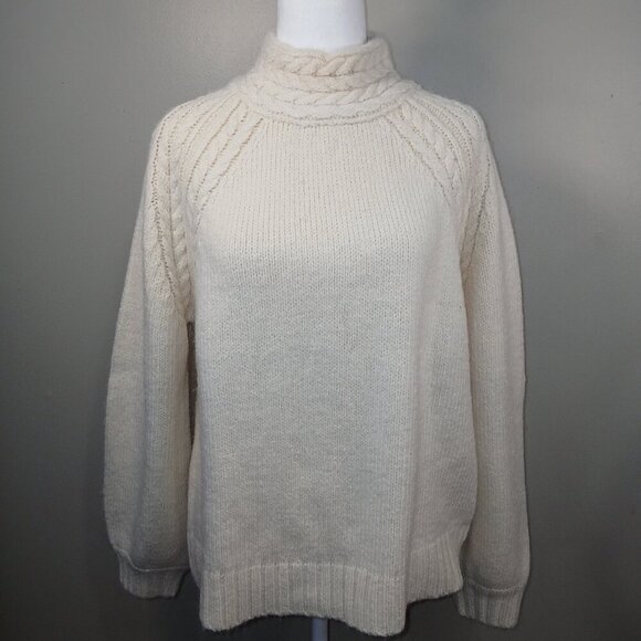 LOVE RICHE CREAM SWEATER MOCK TURTLENECK CABLE KNIT TRIM DESIGN WOMENS LARGE - Picture 1 of 7